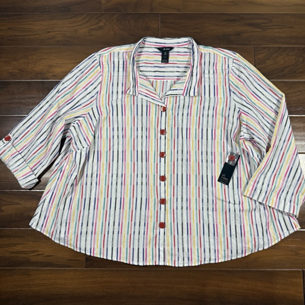 Ali Miles Women's Size 3X Striped Wired Collar Button Up Tunic Top Shirt